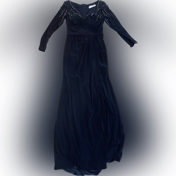 NWOT Mac Duggal Midnight Blue Long Sleeve Embellished Shoulder Dress 4 - Picture 4 of 6
